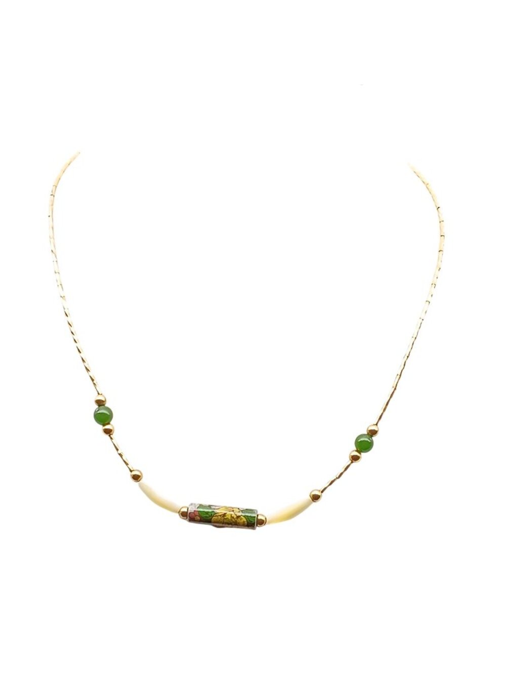 Vintage Liquid Silver Vermeil Necklace with Gold-Tone Beads and Jade and Mother